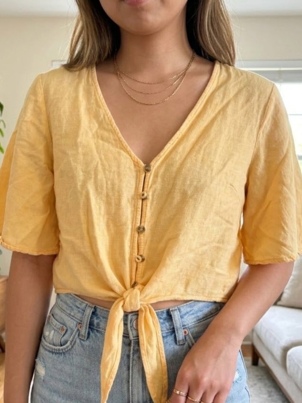 Japna yellow rayon cotton flax tie-front crop top | size L